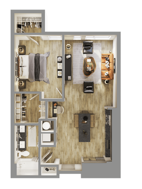 a 3d rendering of a floor plan of a bedroom at Bemiston Place Apartments, Missouri